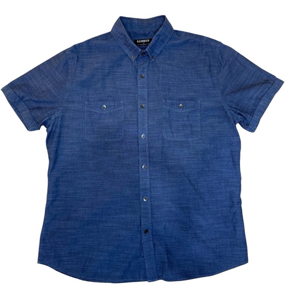 Express 100% cotton Short Sleeve Button-Down Shirt - Indigo Blue Size Large